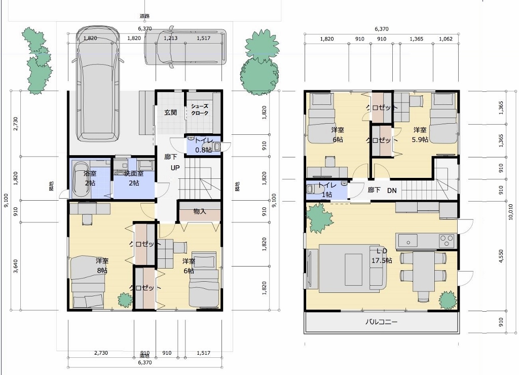 👪狭小プラン5-敷地30坪 間口6.3m 2階建て 延床面…