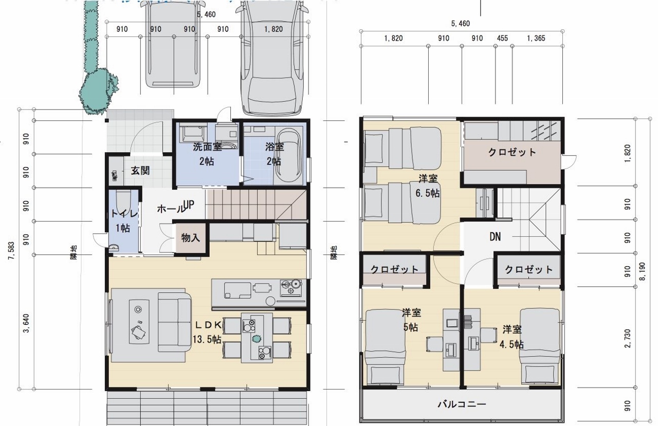 👪狭小プラン2-間口5.4m 2階建て 延床面積88㎡(2…