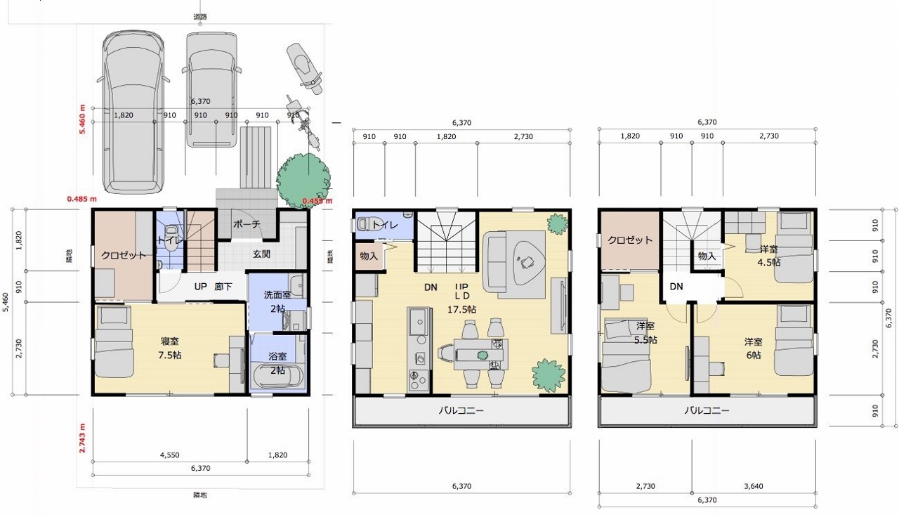 👪狭小プラン４－間口６．４ｍ　３階建て　延床面積１０３㎡（…