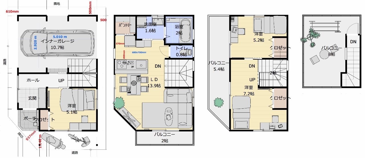 👪狭小プラン７－敷地１７坪　間口５．０ｍ　３階建て　延床面…