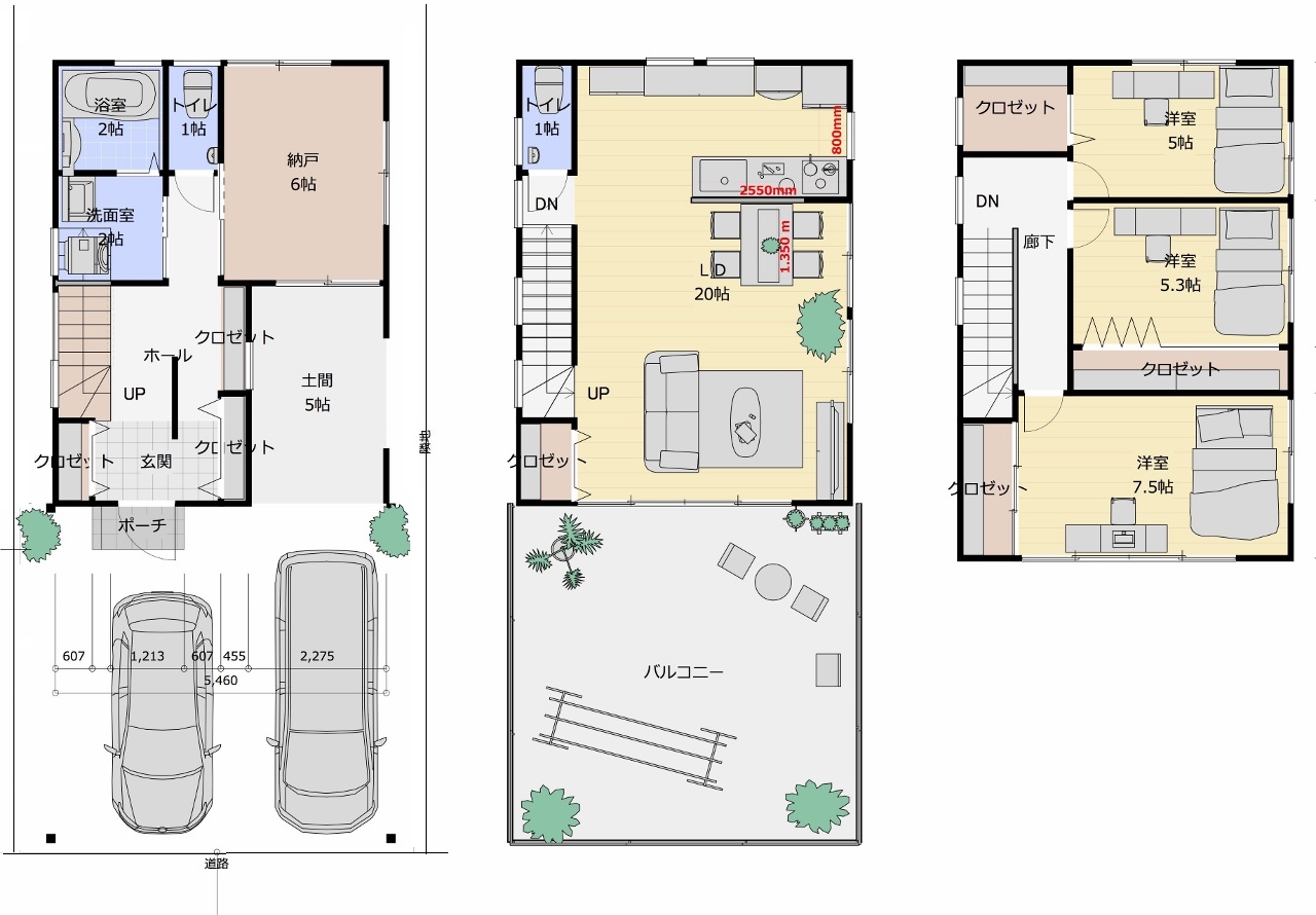 👪狭小プラン９－間口５．４ｍ　３階建て　延床面積１２２㎡（…
